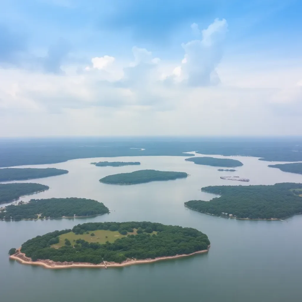 Aerial view of Lake Travis with elevated water levels