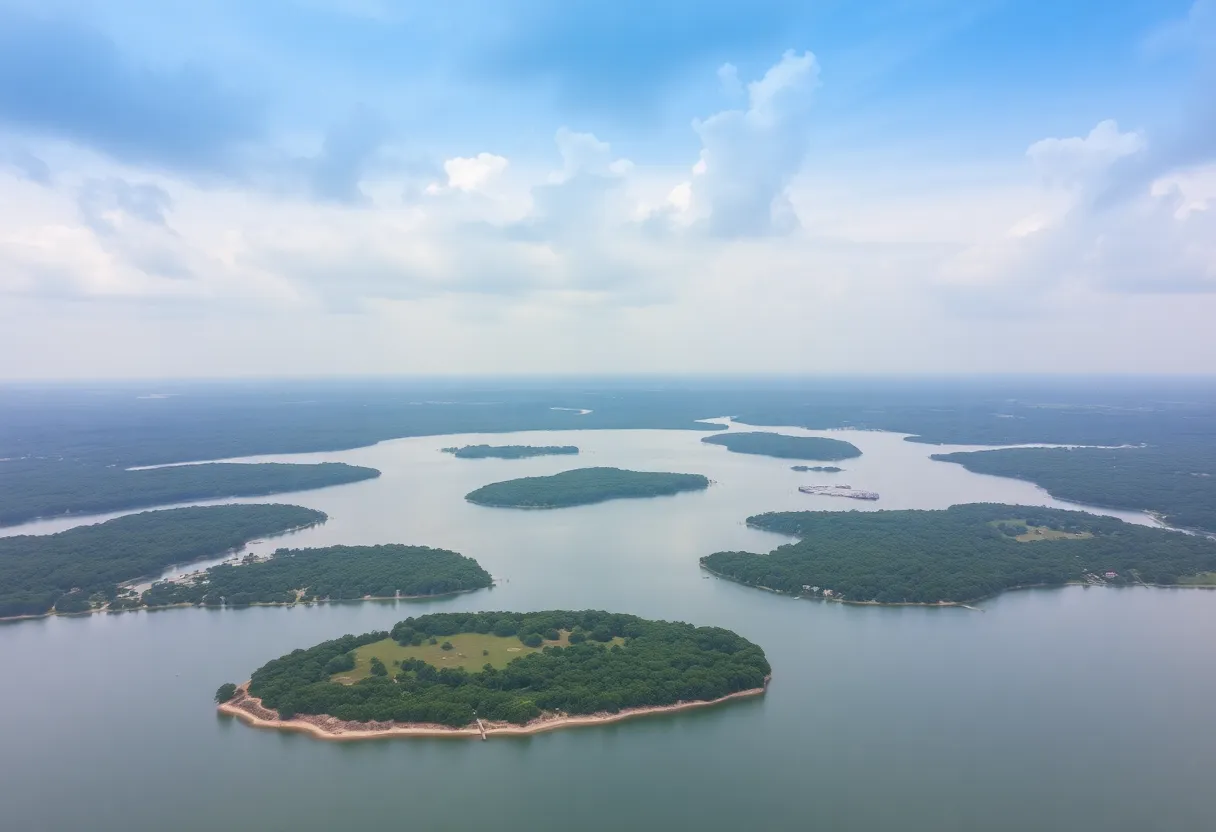 Aerial view of Lake Travis with elevated water levels