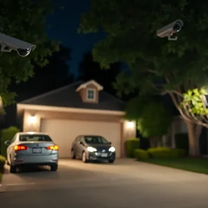 A suburban garage under surveillance at night highlighting crime prevention.