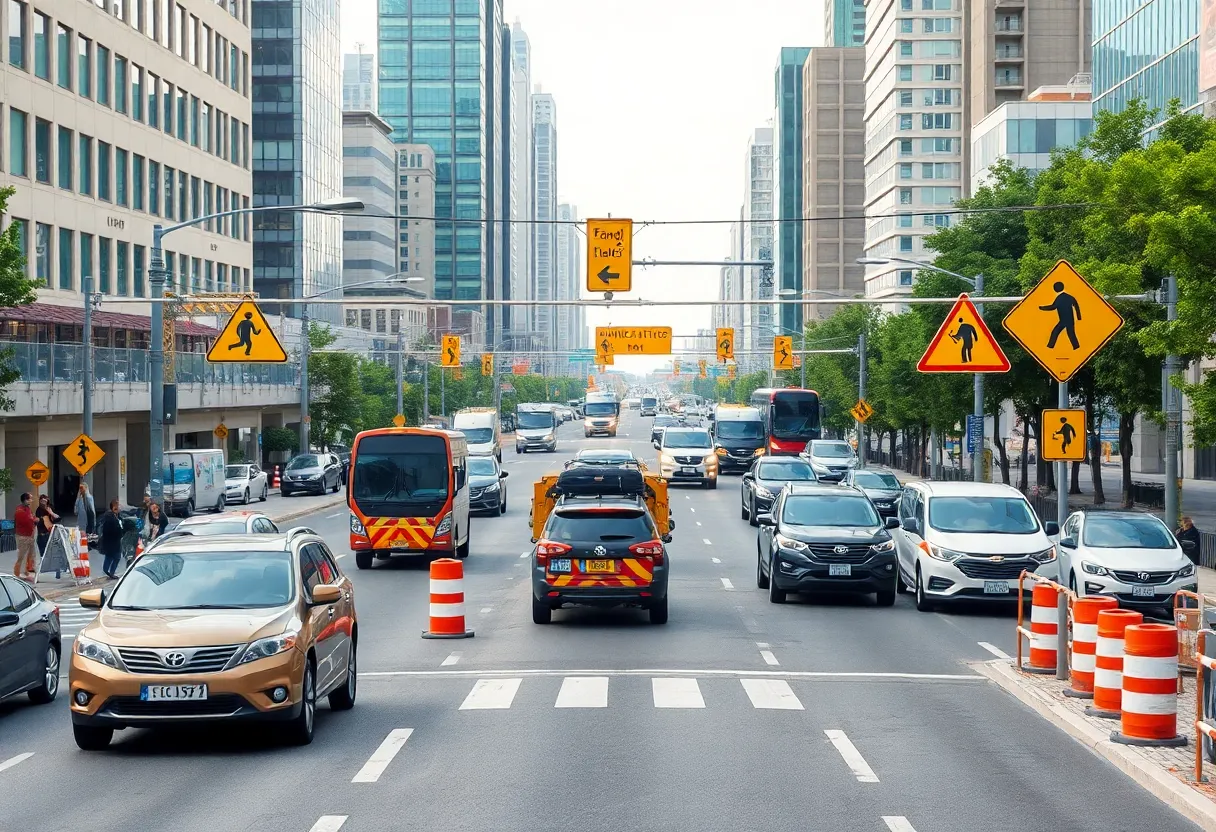Busy construction zone in Austin with narrowed lanes and safety signs