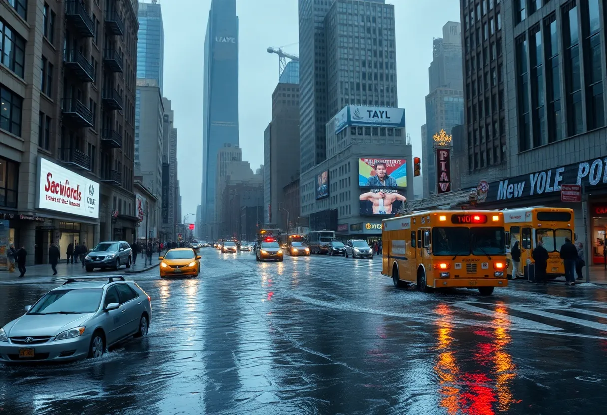 Flooded streets in New York City during heavy rainfall