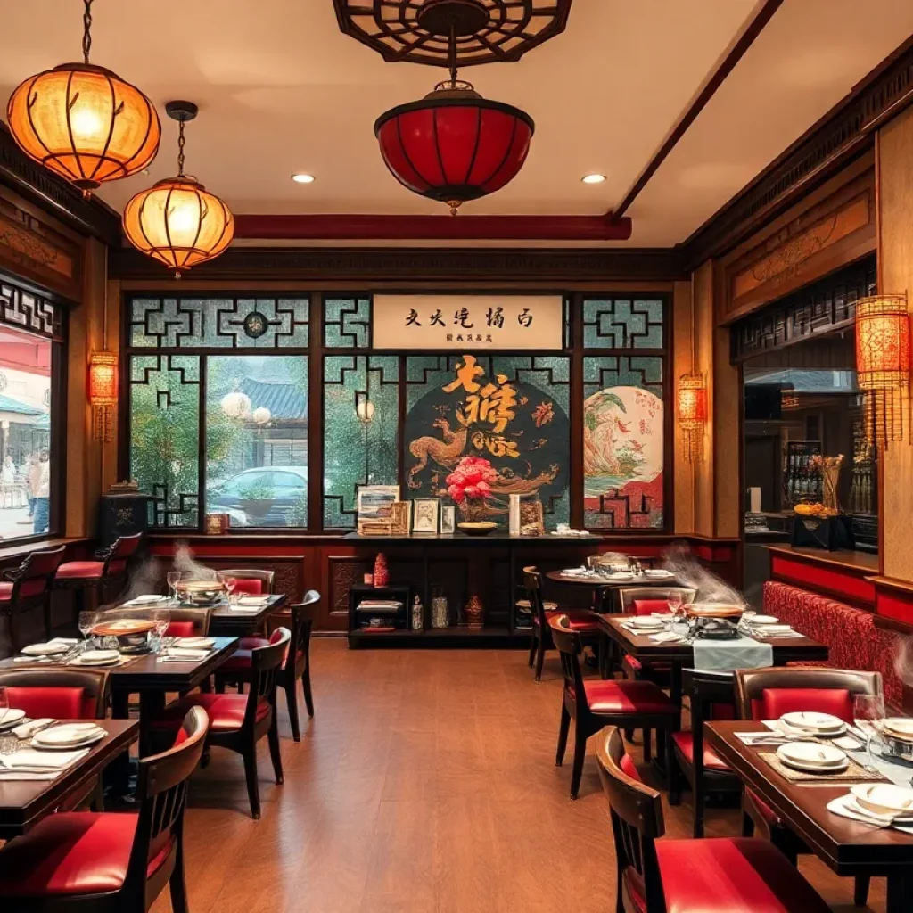 Traditional Sichuan restaurant interior with hot pot dining setup