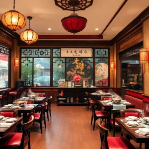 Traditional Sichuan restaurant interior with hot pot dining setup