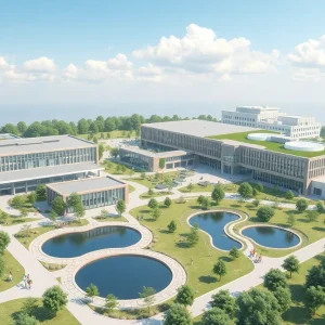 Conceptual image of Southwestern University campus development with EcoHub and sustainable features.
