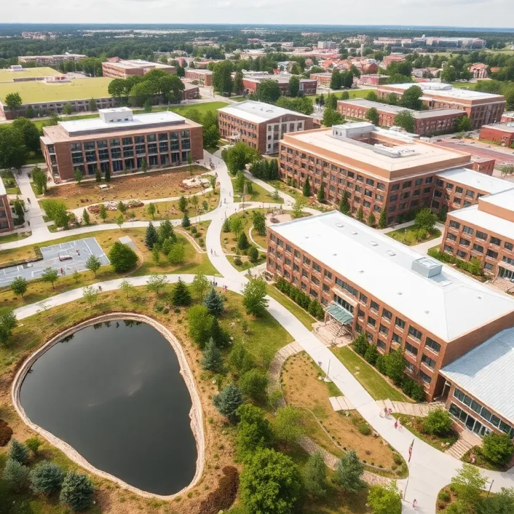 Concept design of Southwestern University's new development with EcoHub and bioretention ponds.
