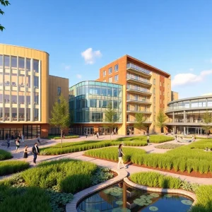 Rendering of Southwestern University campus development featuring EcoHub and concert hall
