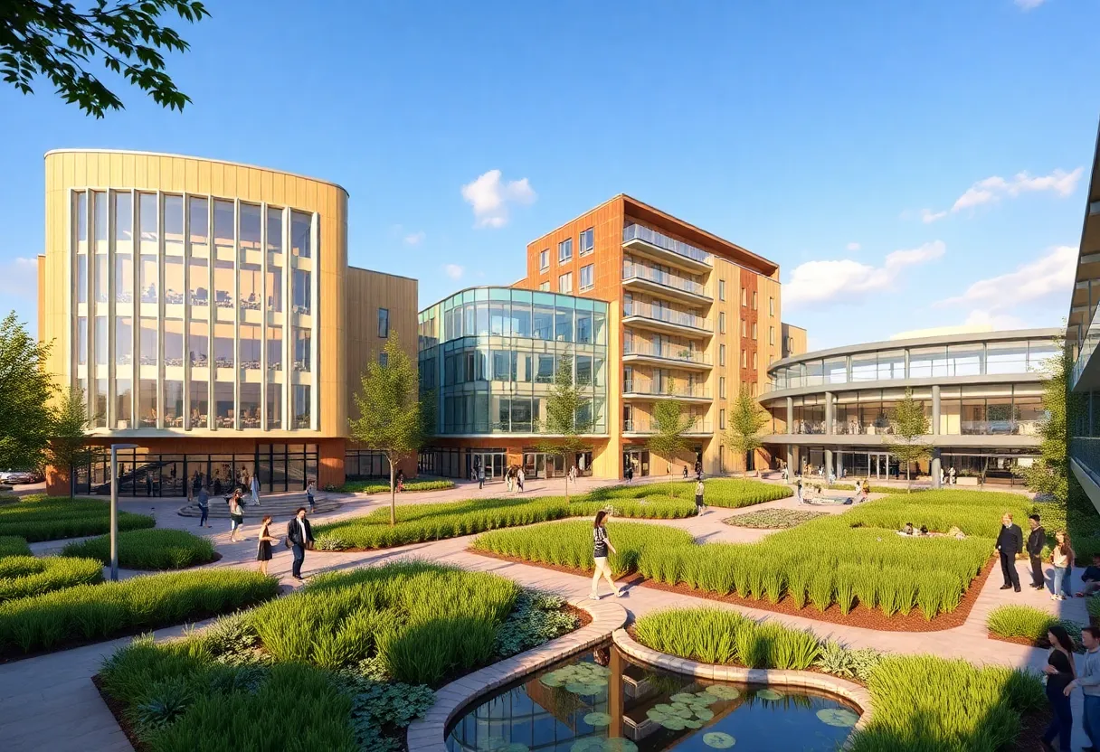 Rendering of Southwestern University campus development featuring EcoHub and concert hall