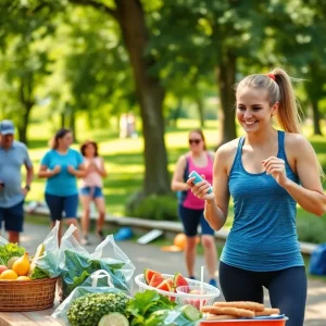 Group of people engaging in fitness activities in a park during summer