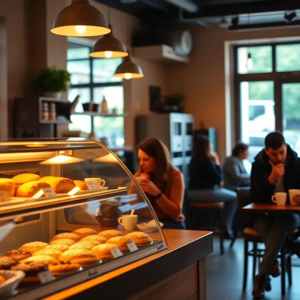 Interior of Summer Moon Coffee shop with patrons and coffee.
