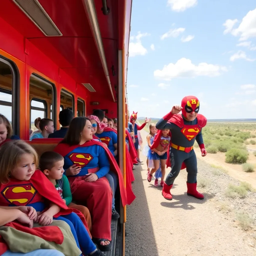 Families dressed as superheroes on the Super Hero Train
