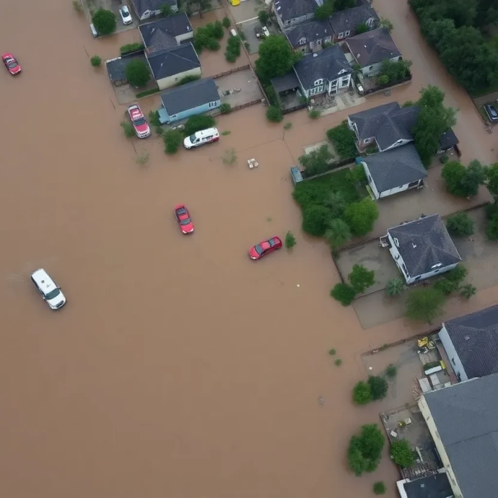 Aerial view of severe flooding in Texas with emergency responders.