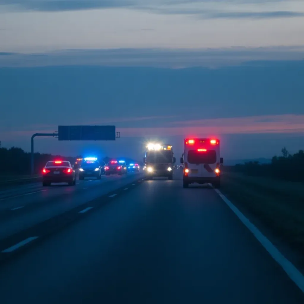 Emergency vehicles at the scene of a tragic car crash on a highway
