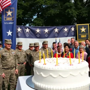 Ceremonial cake-cutting event at Southwestern University Park celebrating U.S. Army history.