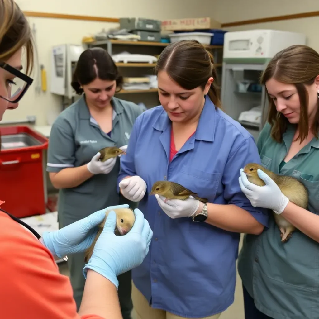 Volunteers at a wildlife rehabilitation center caring for injured animals in Central Texas