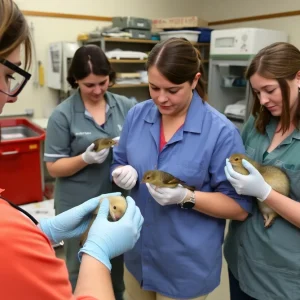 Volunteers at a wildlife rehabilitation center caring for injured animals in Central Texas