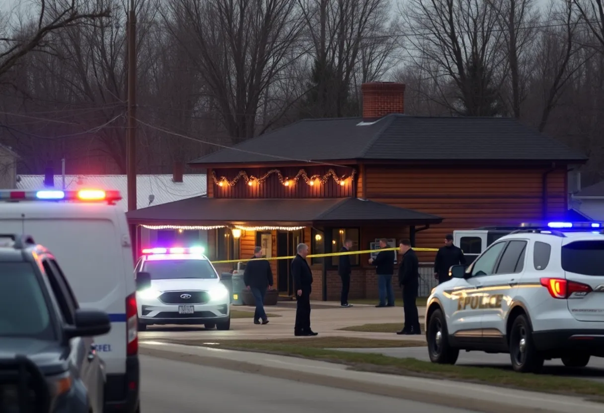 Police vehicles outside The Owl Bar after shooting incident