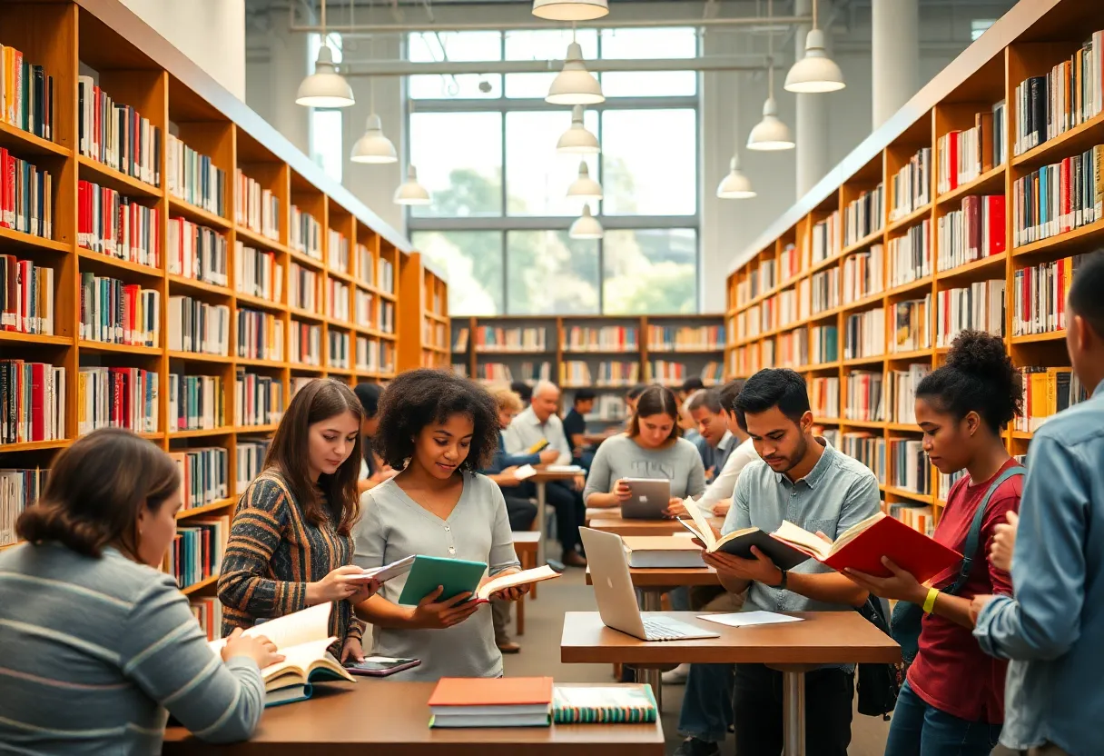 A diverse group of individuals exploring a community library, engaging with books and technology.