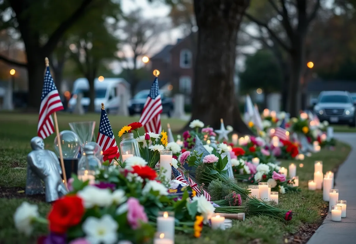 Memorial scene with flowers and candles honoring a beloved community member.