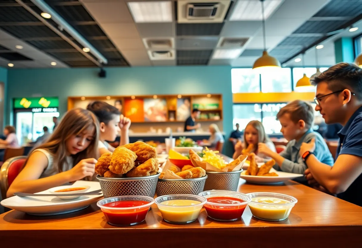 Interior of Happy Chicks fast-casual restaurant in Georgetown, Texas, with families dining.