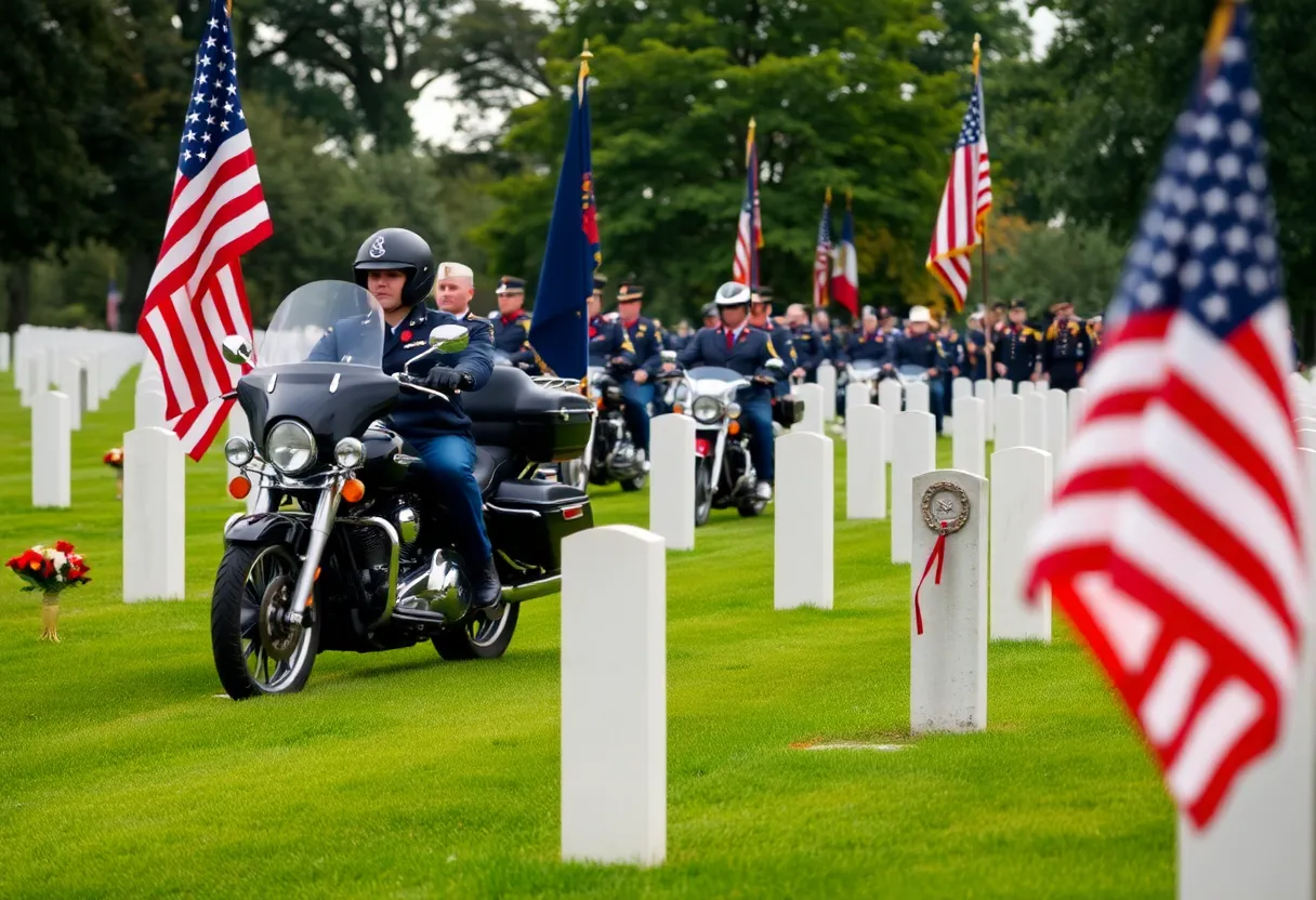 Memorial service at IOOF Cemetery honoring First Lieutenant Charles W. McCook with military honors and motorcycle procession.
