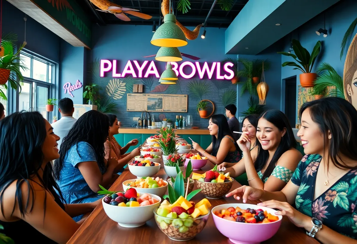 Interior of Playa Bowls restaurant in Georgetown with customers enjoying bowls of fresh fruit and healthy meals.