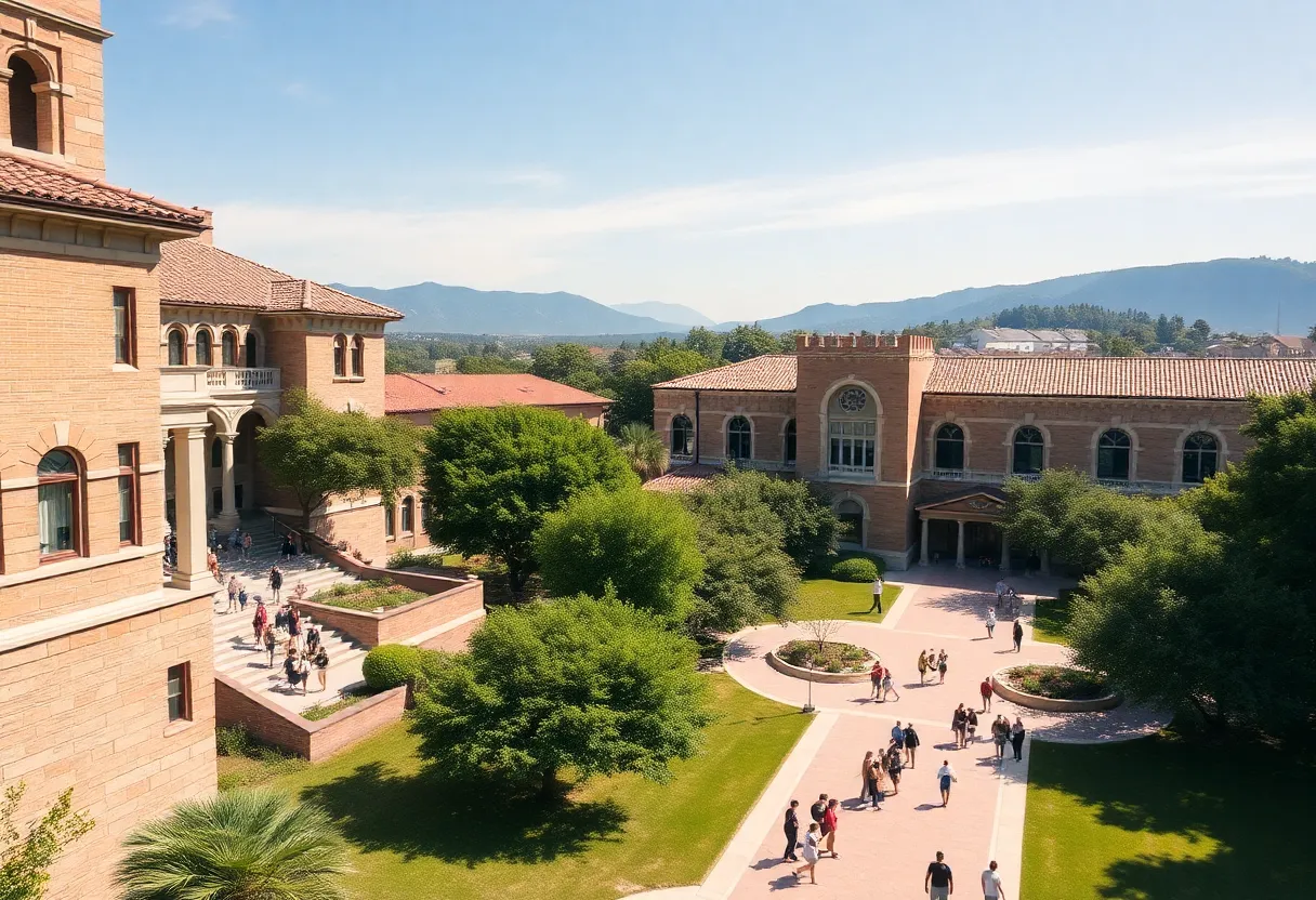 A beautiful view of Southwestern University campus with students interacting outside.