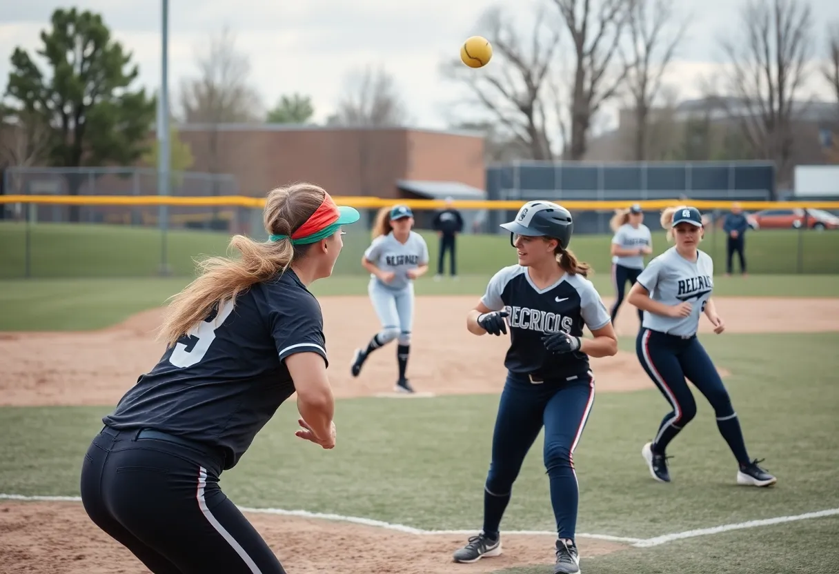 A group of softball players from Southwestern Oklahoma State University demonstrating teamwork on the field.