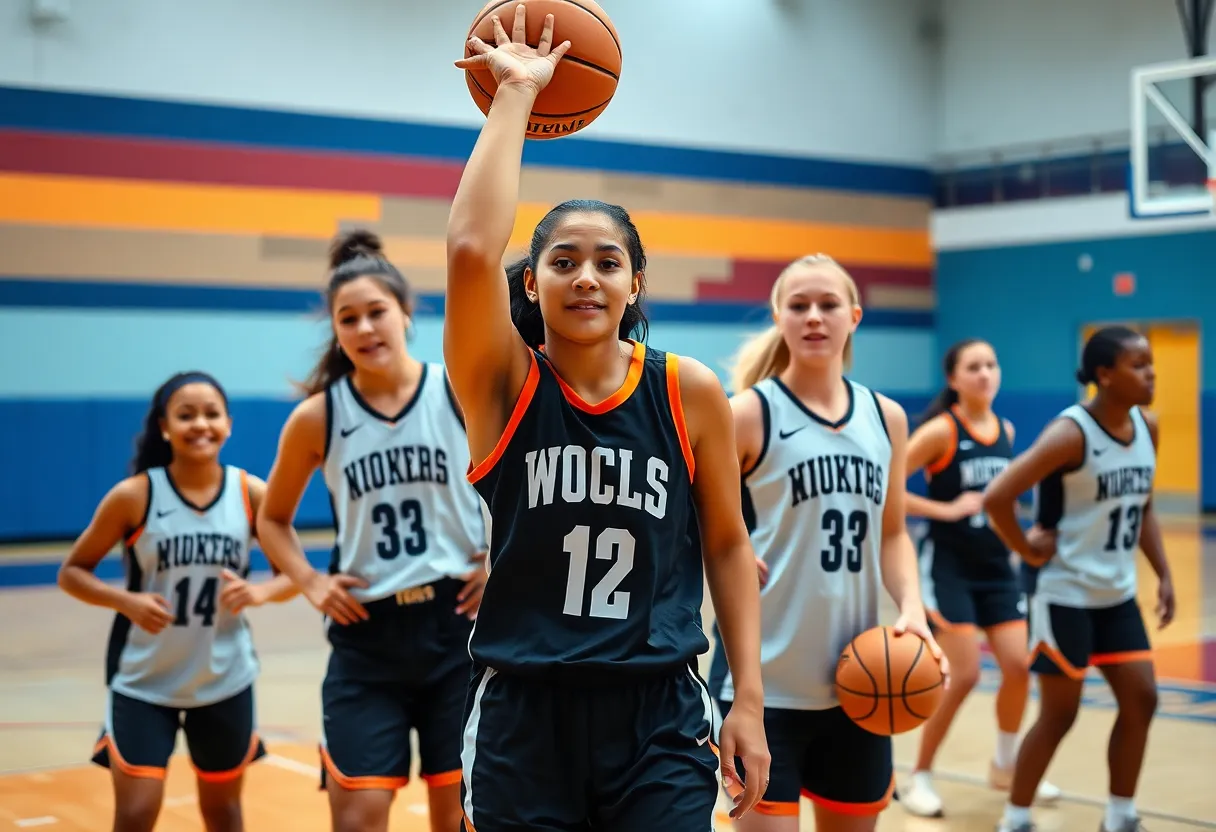 Female basketball players practicing at Southwestern Oklahoma State University