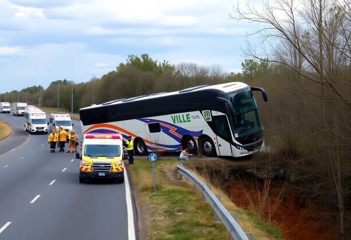 Emergency responders at the site of a tour bus crash