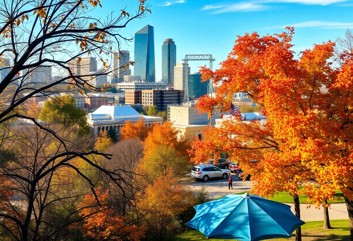 Colorful autumn leaves in Austin with people enjoying outdoor activities.