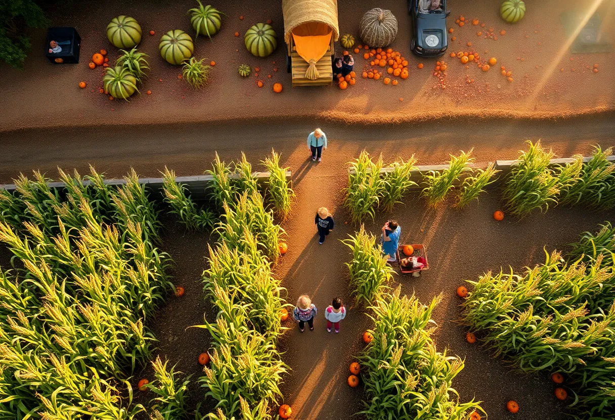 Families navigating a corn maze with pumpkins and hayrides in Austin.