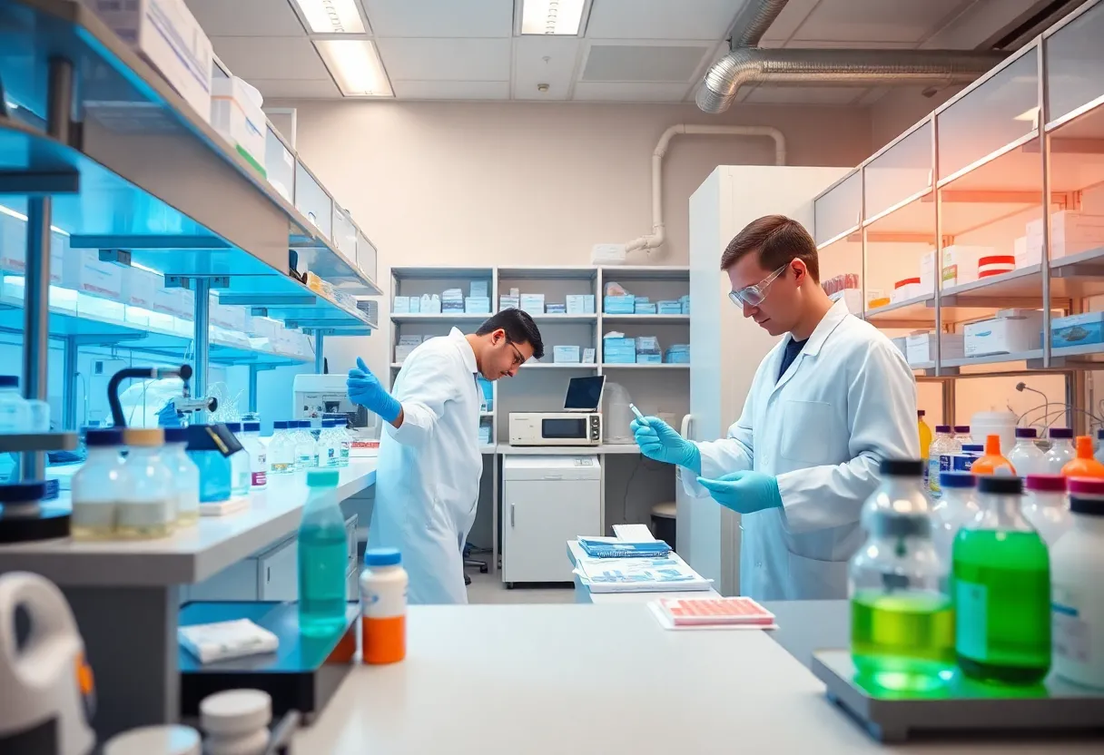 Scientists in a laboratory working on innovative drug delivery technology
