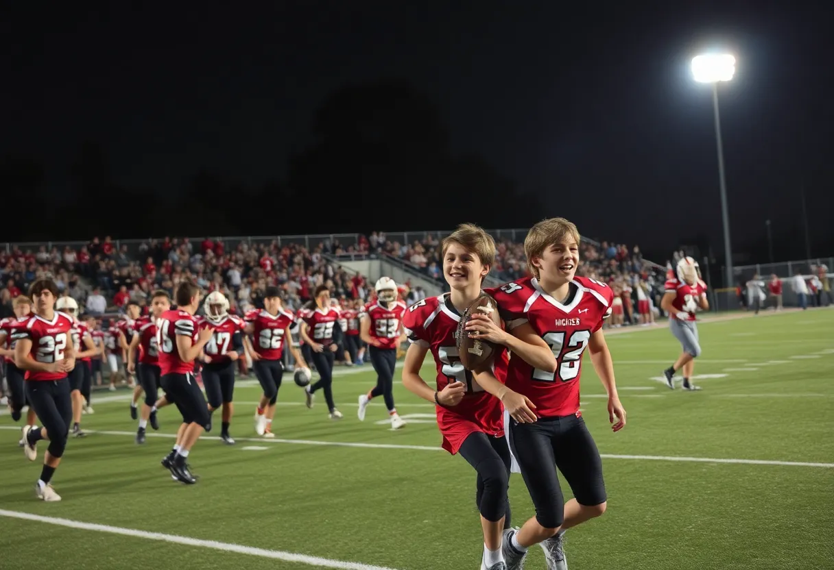 High school football players in action during a game in Central Texas