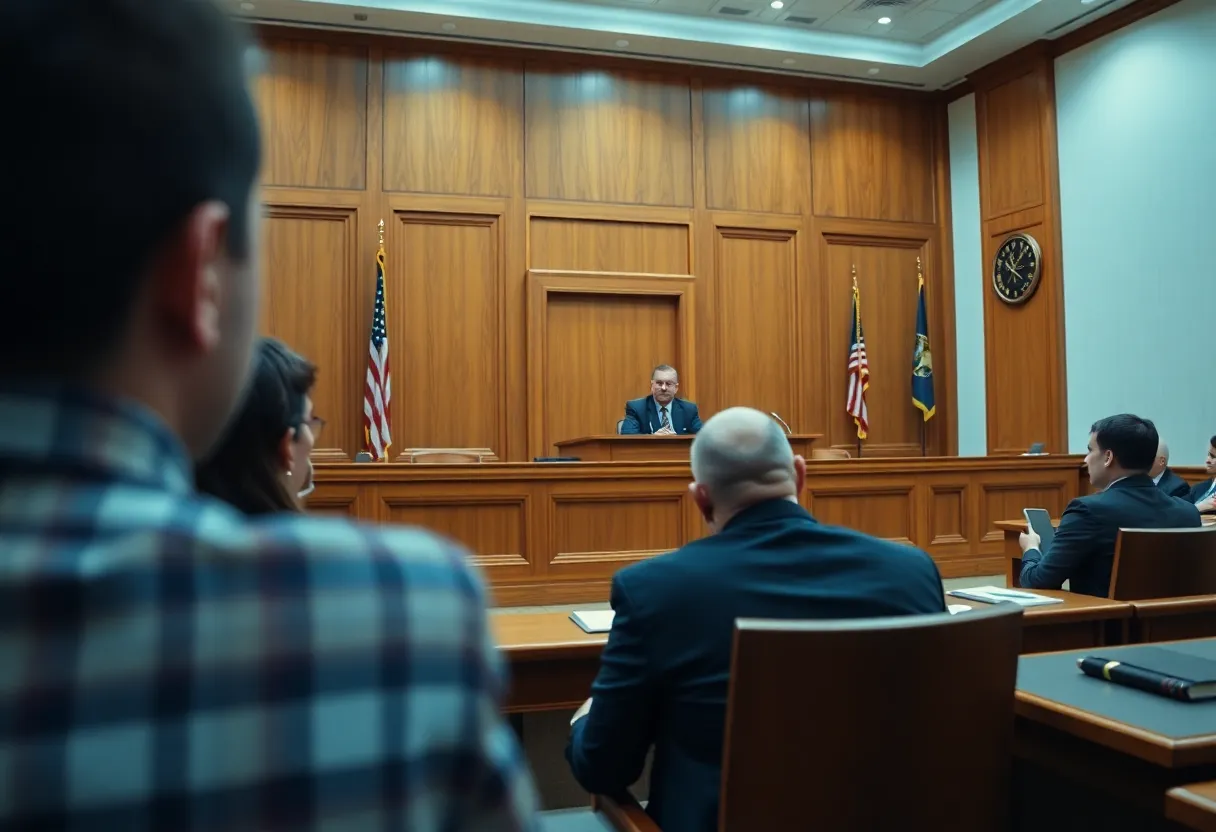 A judge in a courtroom during a sentencing hearing for child exploitation.
