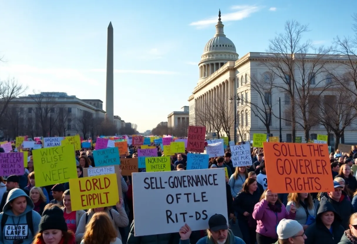 Crowd marching in Washington D.C. protesting federal policing policies
