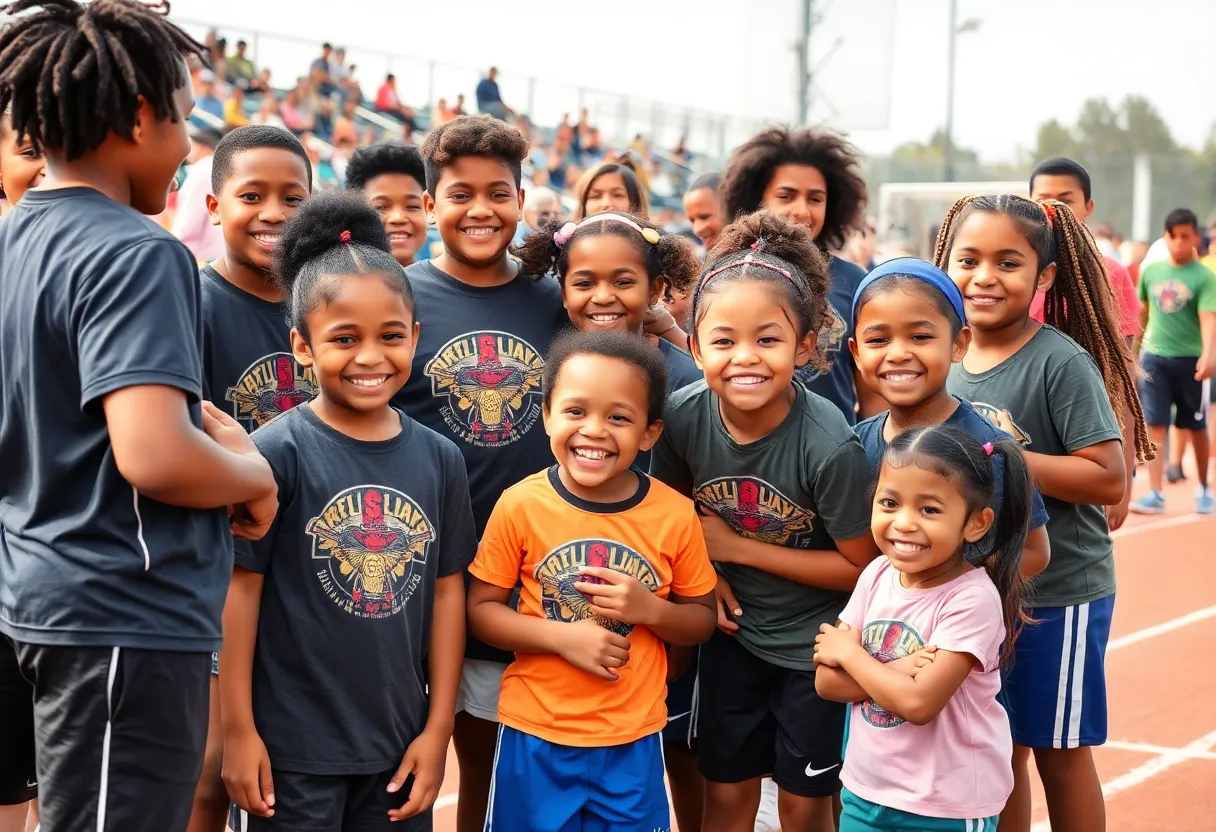Children and high school athletes enjoying a sports event together in Austin.