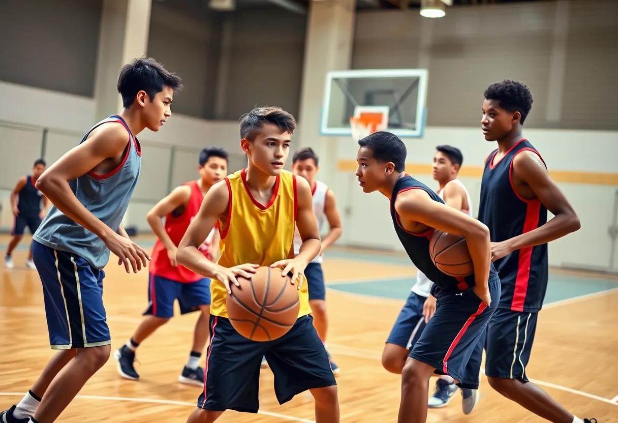 Young basketball players training together on a court.