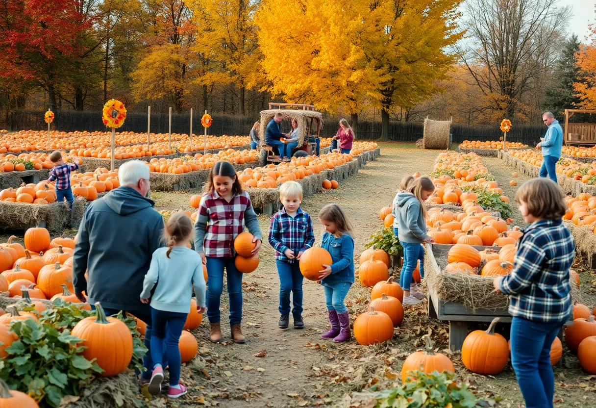 Families enjoying autumn activities in a pumpkin patch in Austin