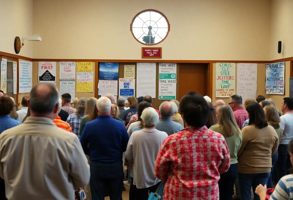 Community members discussing posters at a meeting in Georgetown