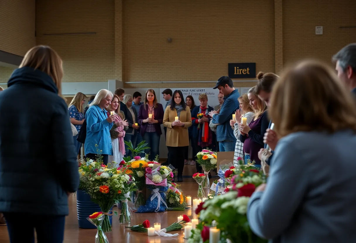 Community members gather with flowers and candles in memory of shooting victims.