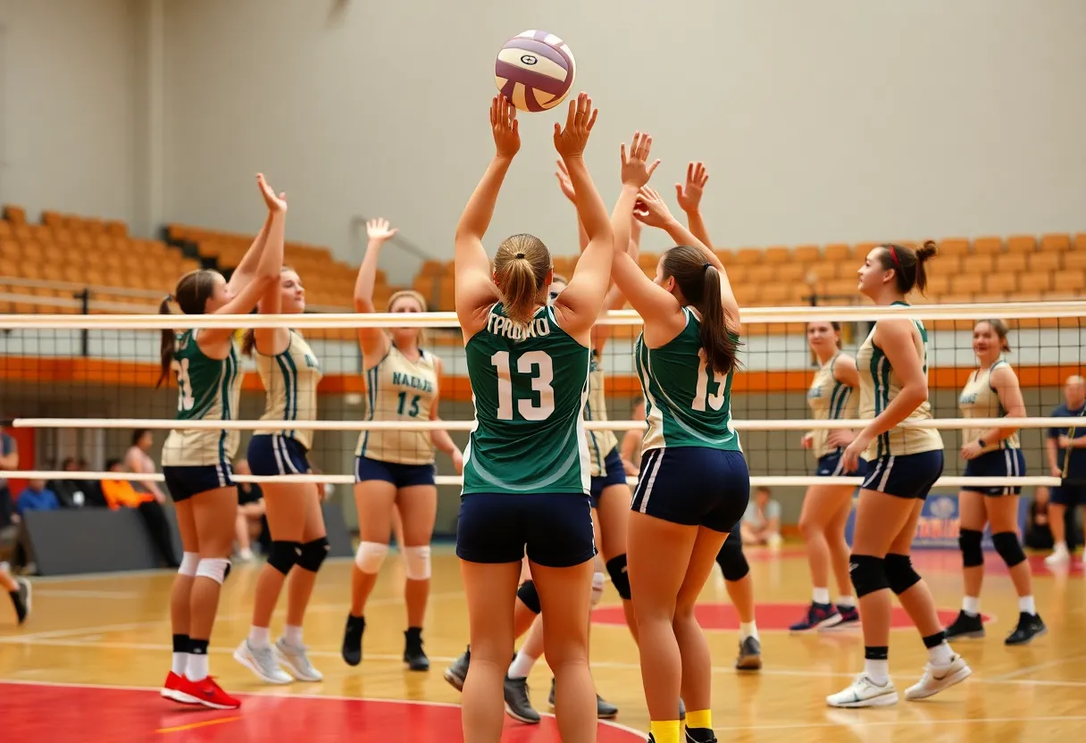 Volleyball players celebrating a comeback victory.
