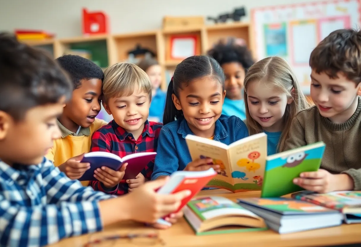 Students engaging in reading activities in a classroom during the early literacy program