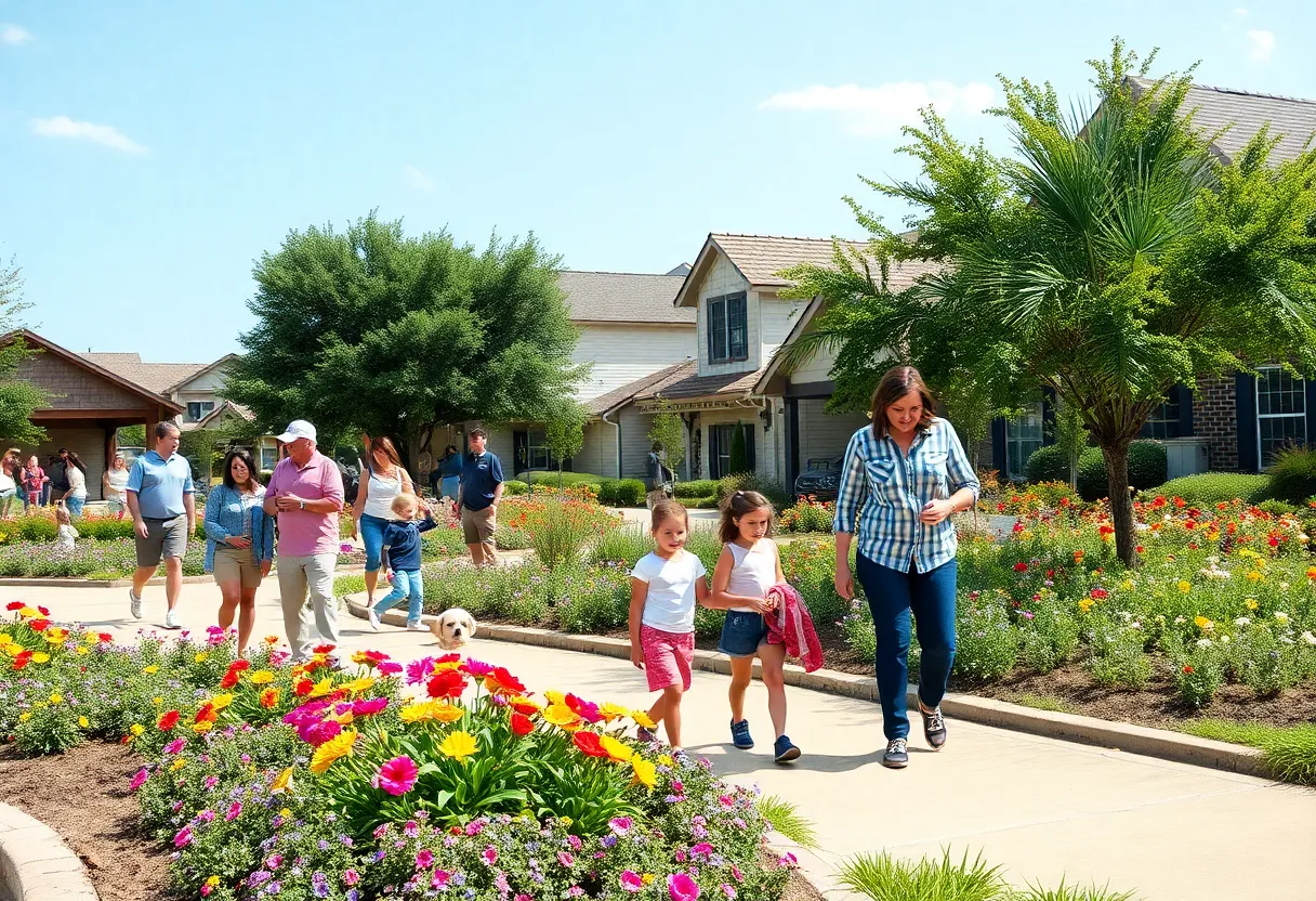 A scenic view of Georgetown, Texas, displaying the community's growth with families and flowers.
