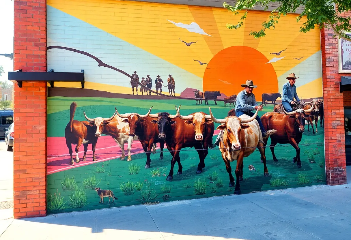 Mural showcasing Georgetown's cattle-driving history