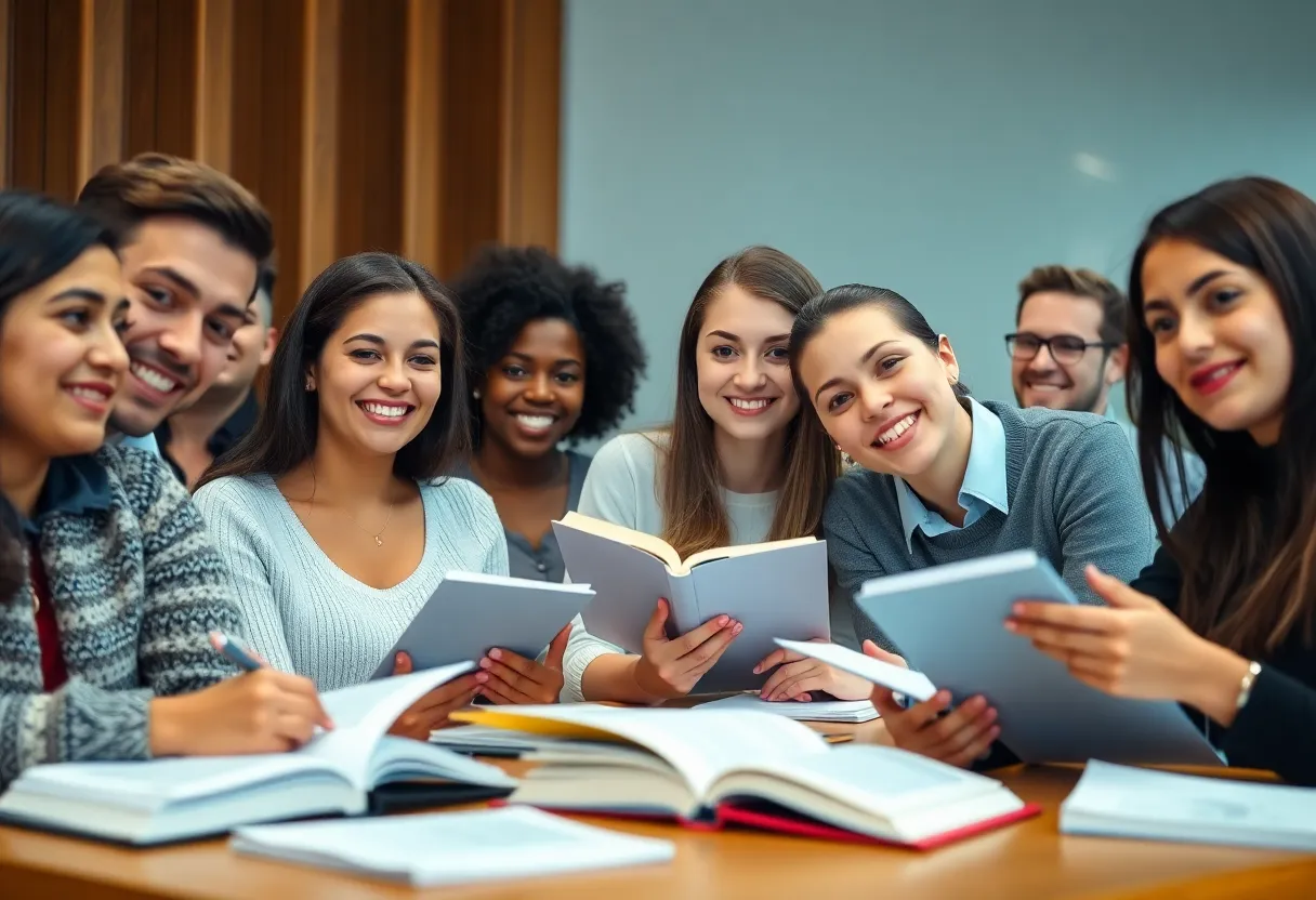 Diverse group of law students studying together