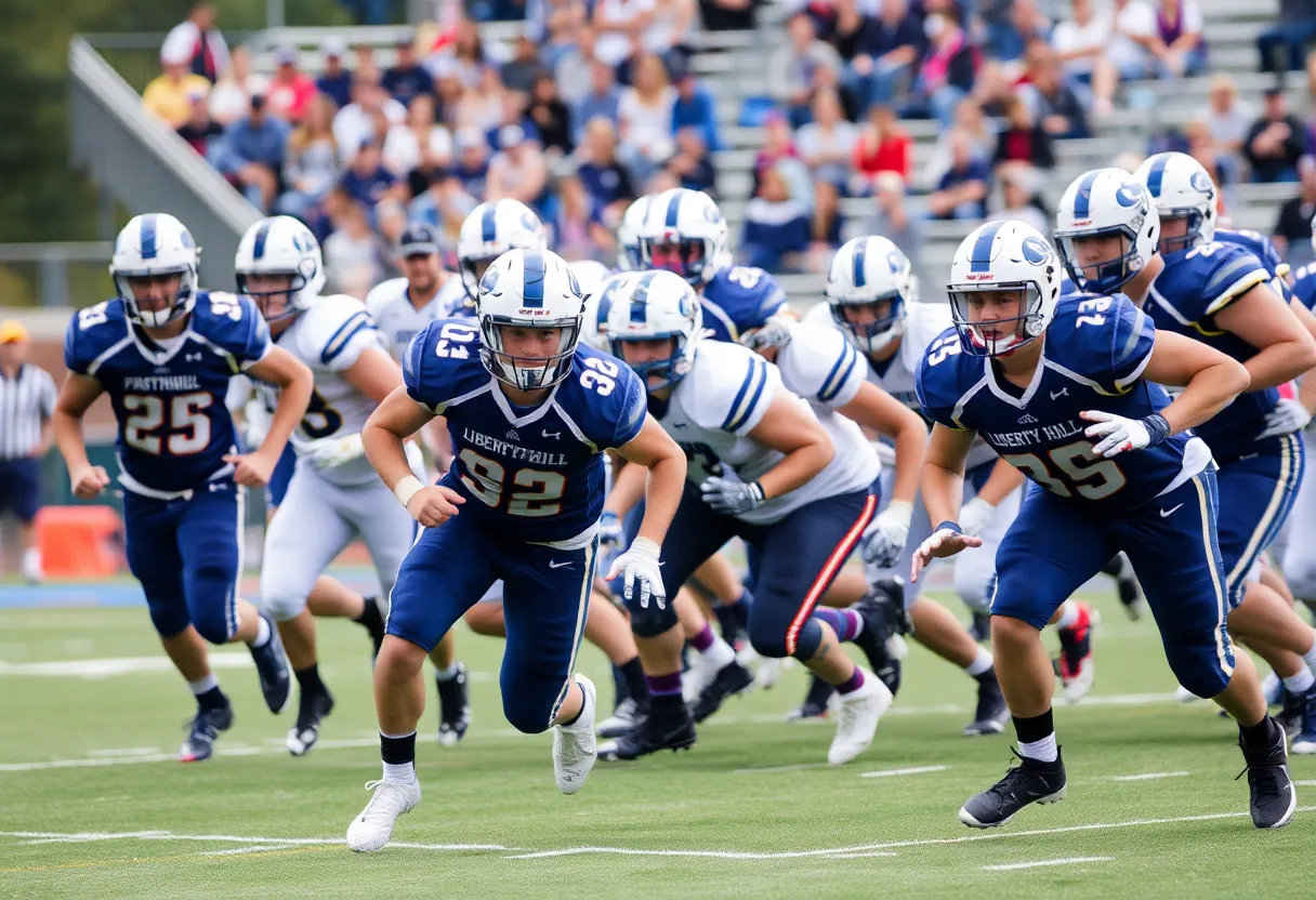 Liberty Hill Panthers football players in action during a rivalry game.