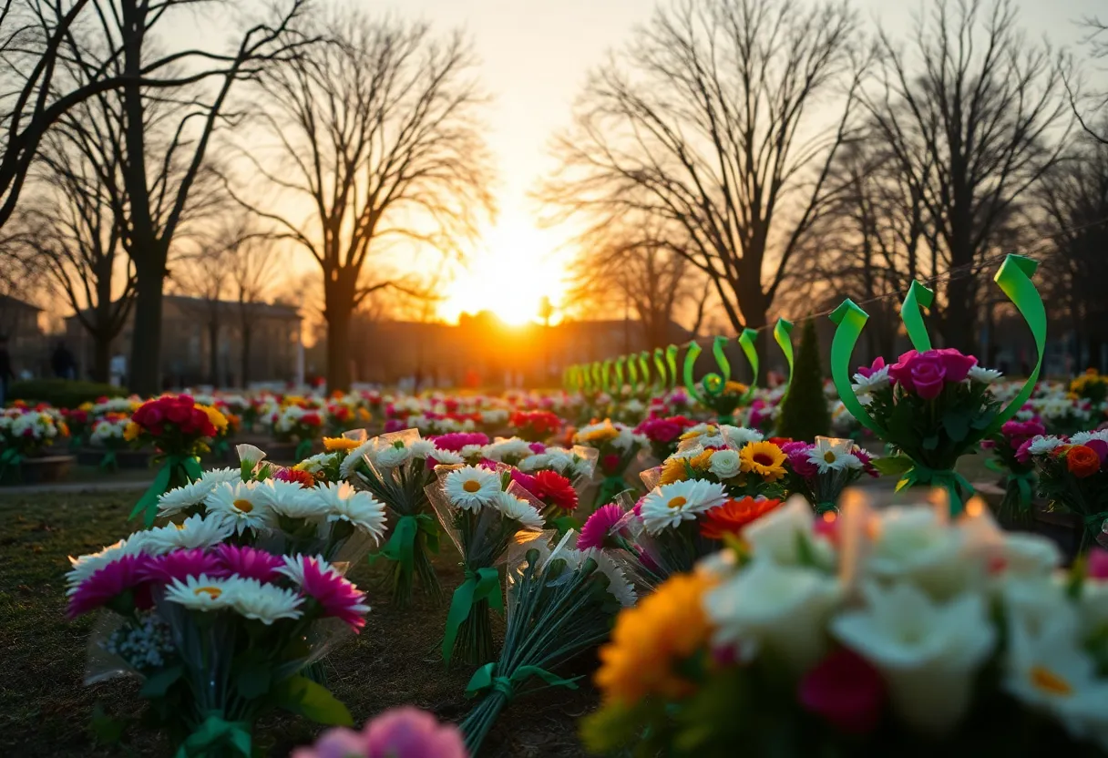 A community park decorated in green, symbolizing remembrance.