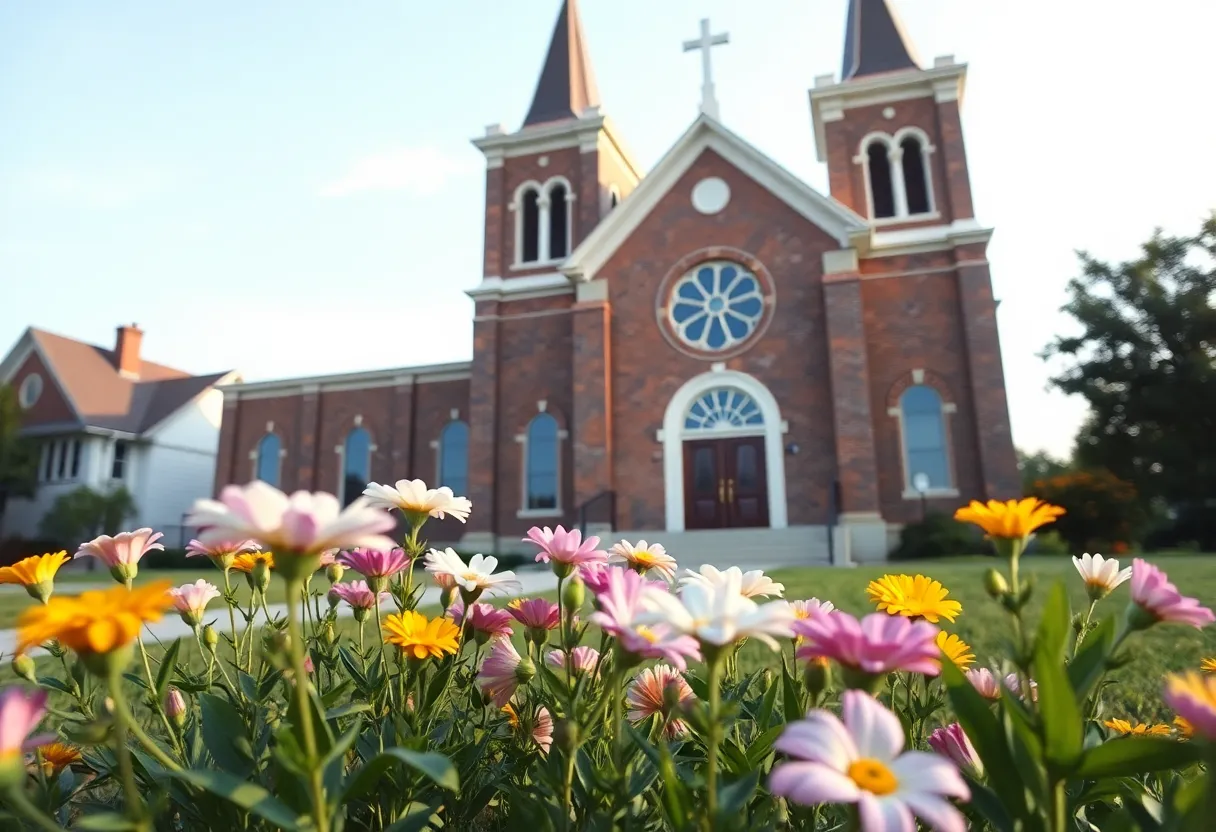 Community church with flowers for a memorial service