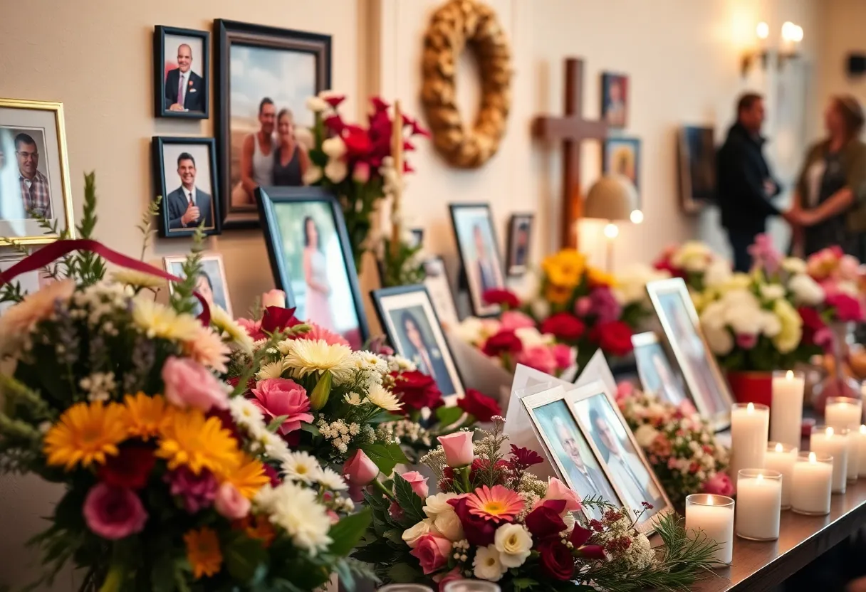 A peaceful memorial service honoring Pauline Nancy Tuttle with flowers and candles.