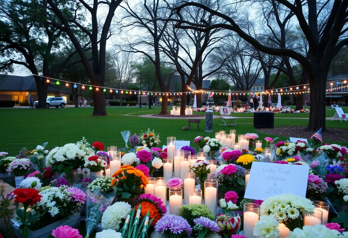 Memorial setup in Georgetown park with flowers and candles